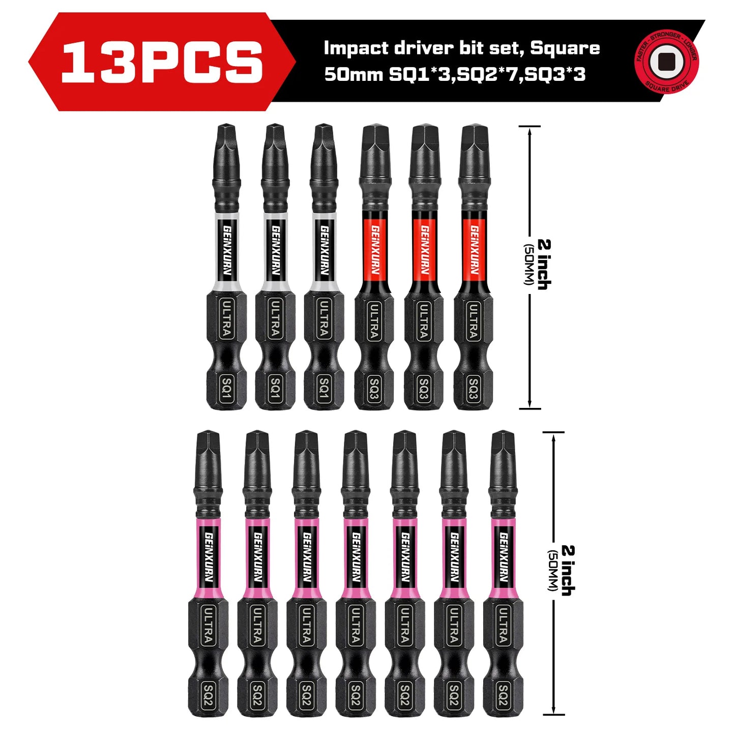 Langlebiges Impact Vierkant Bit Set SQ1 SQ2 SQ3 2 Zoll Magnet S2 Stahl
