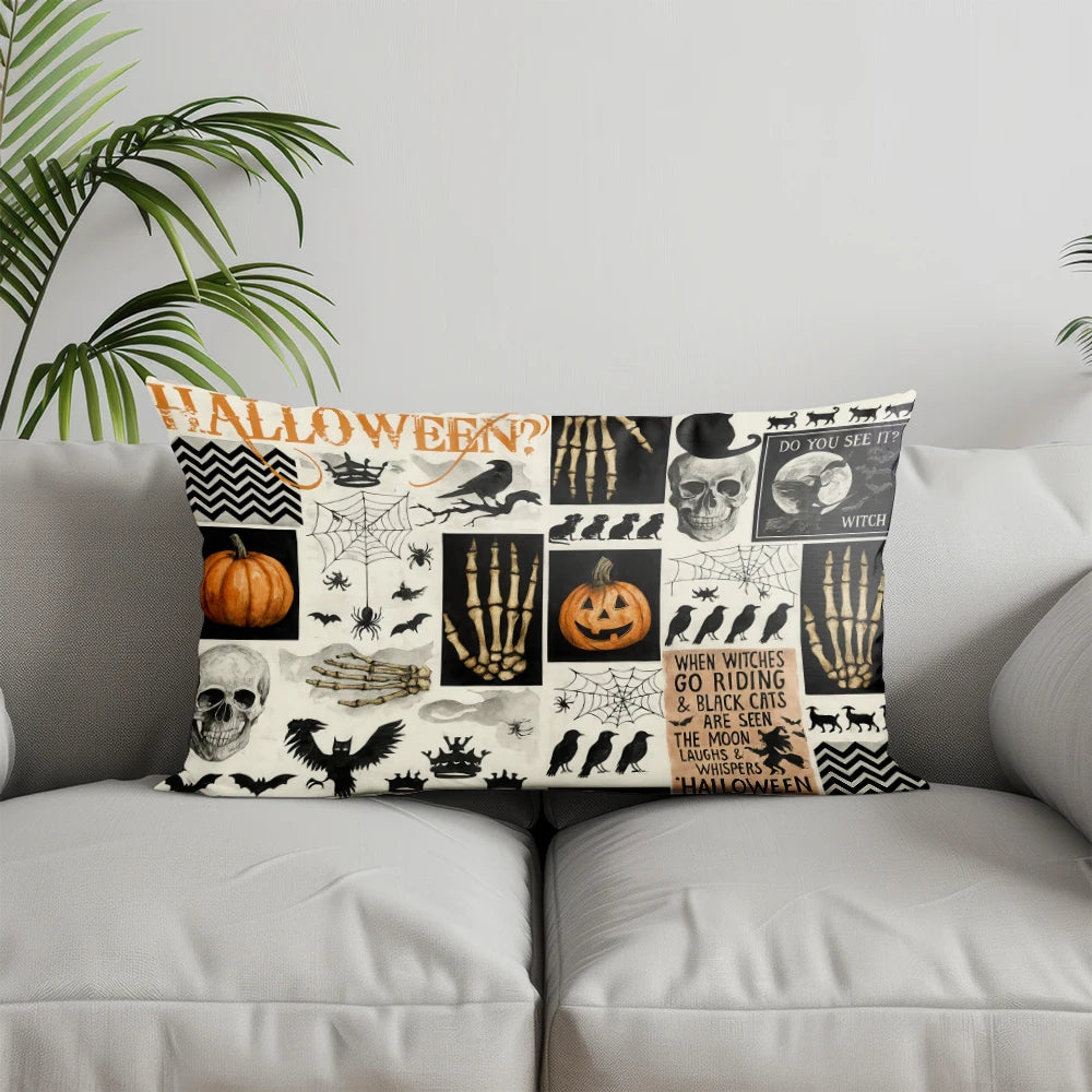 Halloween Kissenbezug mit Skelett Kürbis Hexen Motiv für Deko