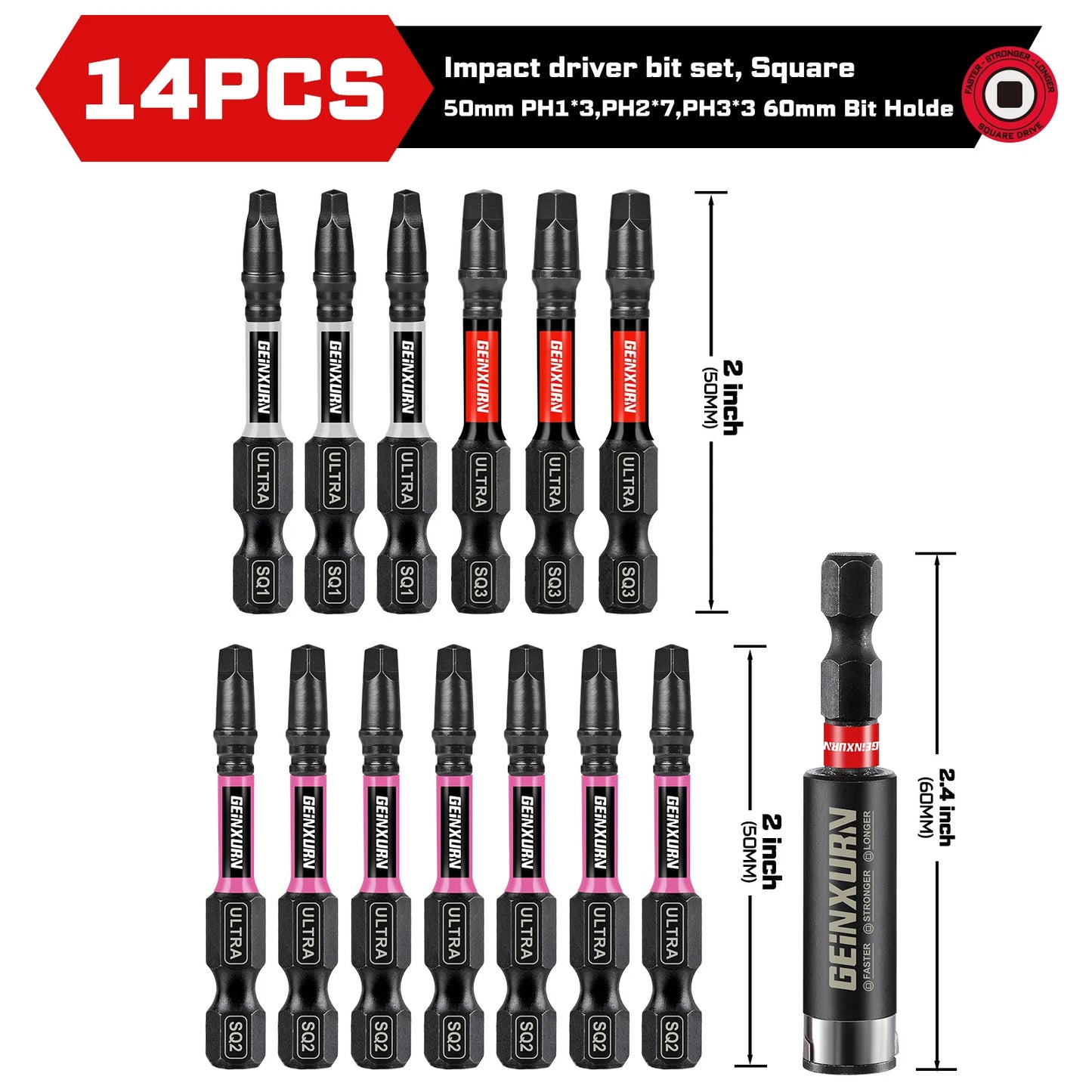 Langlebiges Impact Vierkant Bit Set SQ1 SQ2 SQ3 2 Zoll Magnet S2 Stahl