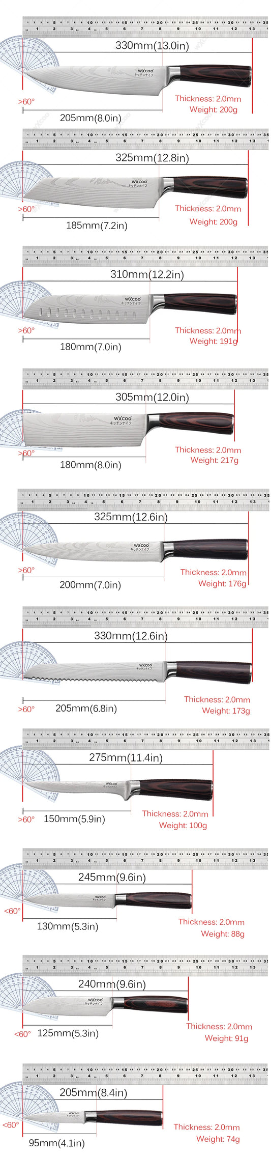 Japanisches Küchenmesserset mit scharfen Klingen und magnetischem Messerblock