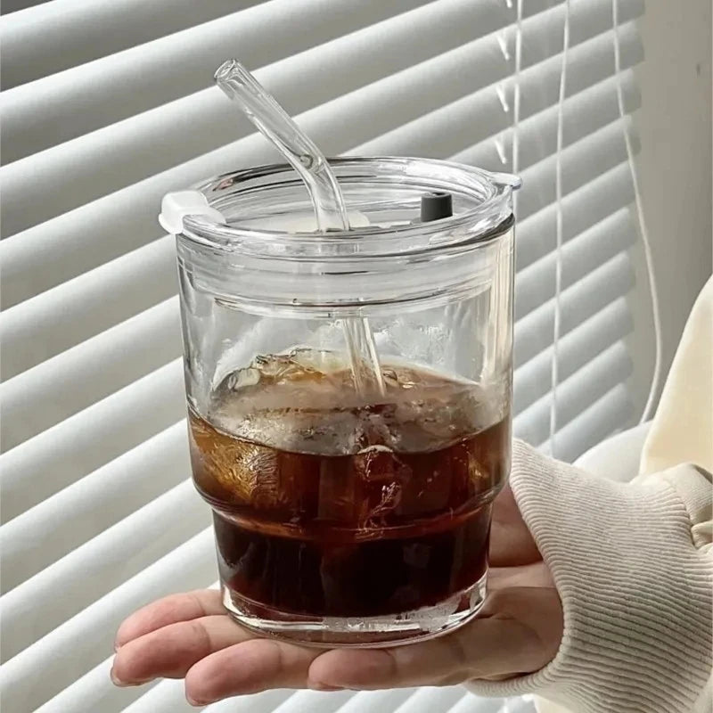 Transparente 400/450ml Glas-Kaffeetasse mit Deckel & Stroh – Auslaufsicher & Stilvoll