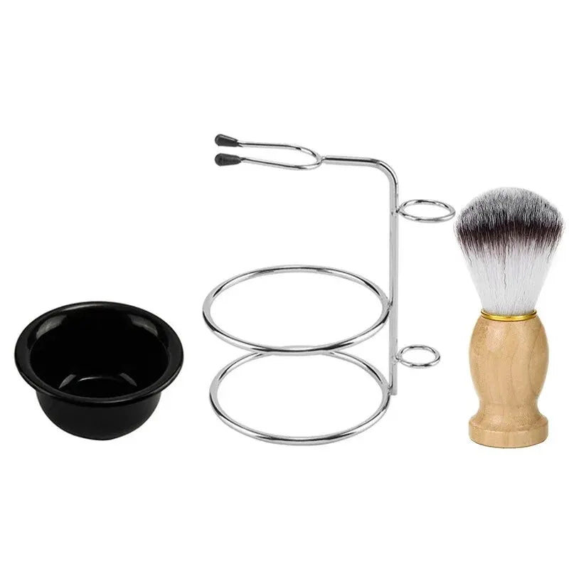 Rasierpinsel Set für Herren mit Holzgriff Edelstahl Ständer und ABS Rasierschale
