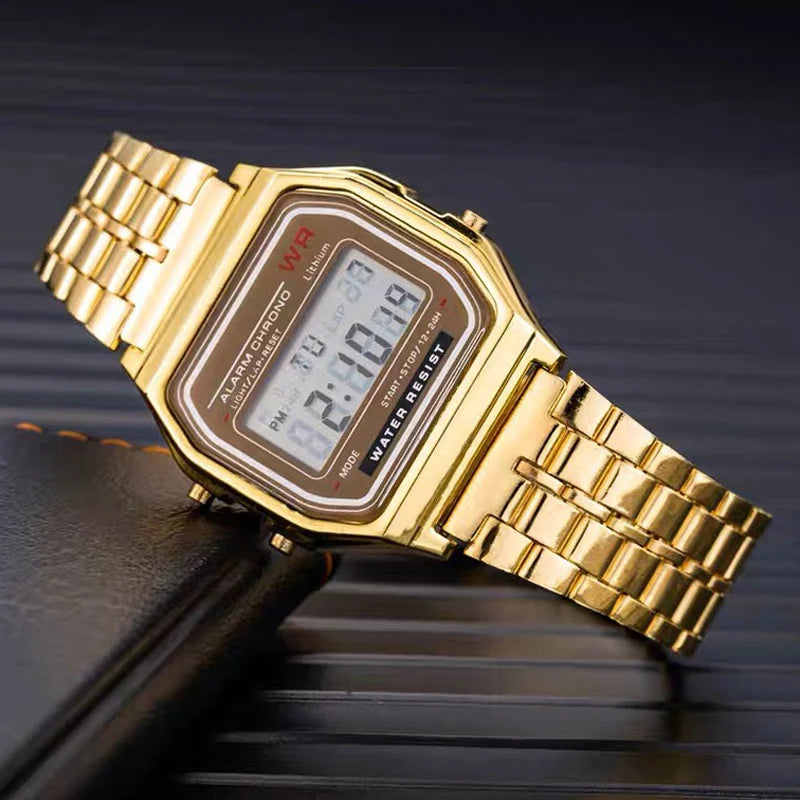 Digitale Retro Sportuhr mit LED Stahlband für Damen Herren Gold Silber