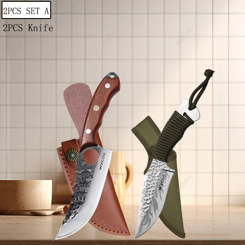 Handgefertigtes Küchenmesser aus Edelstahl mit Holzgriff und magnetischem Messerblock