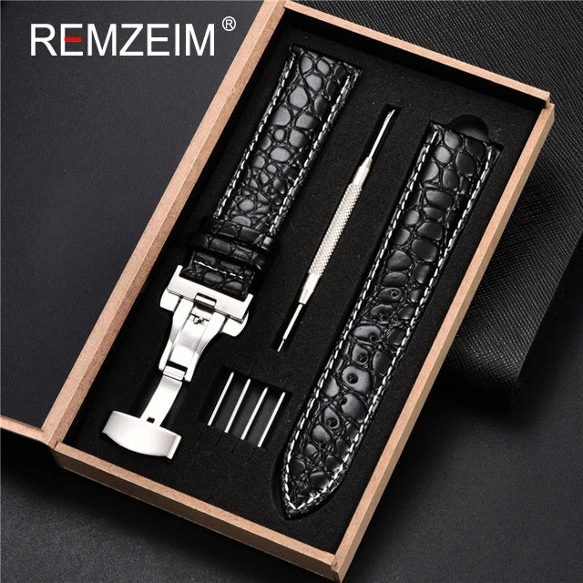 Geprägtes Leder Uhrenarmband 18-24mm mit Schmetterlingsverschluss