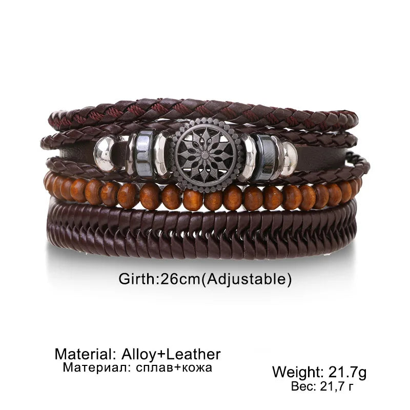 4-teiliges Herren-Lederarmband-Set mit Vintage Lebensbaum - Holzperlen
