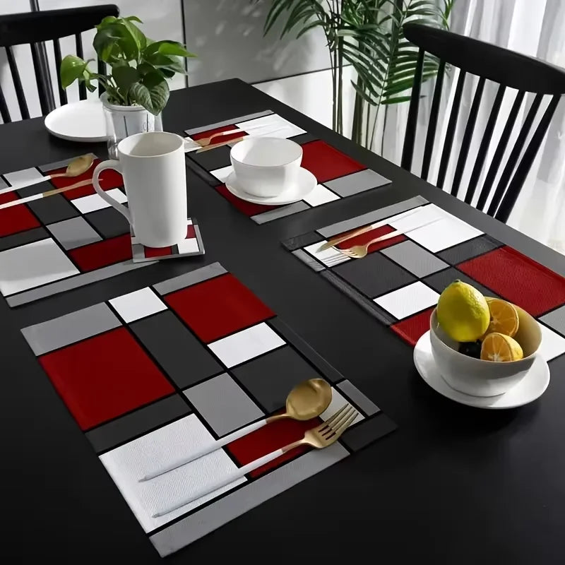 Moderne geometrische Tischsets aus Leinen in Rot Weiß Grau für Küche und Restaurant