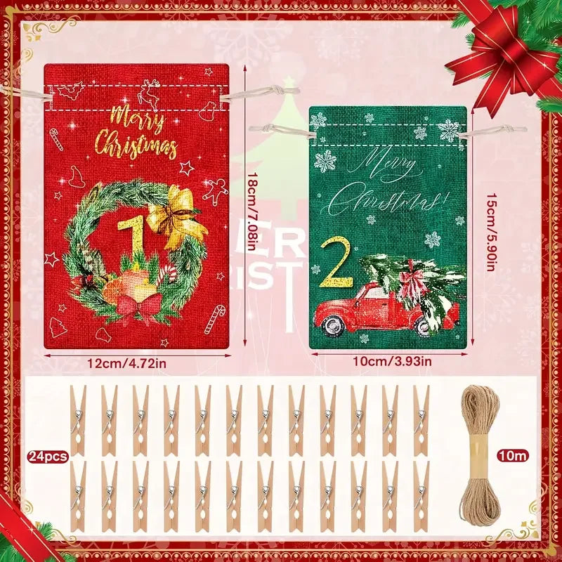 24-teiliges Adventskalender-Set aus Sackleinen mit Kordelzug