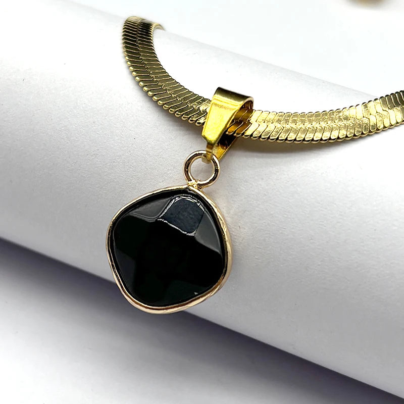 Kpop Schwarz Obsidian Wassertropfen Halskette Edelstahl Goldfarbe Damen