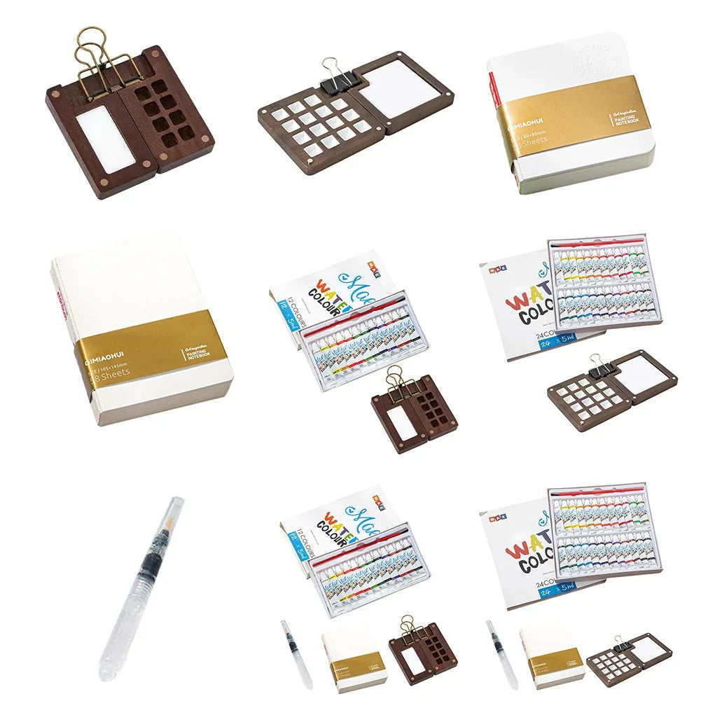 Tragbares Mini Aquarell-Palette Set mit Skizzenbuch und Binder-Clips
