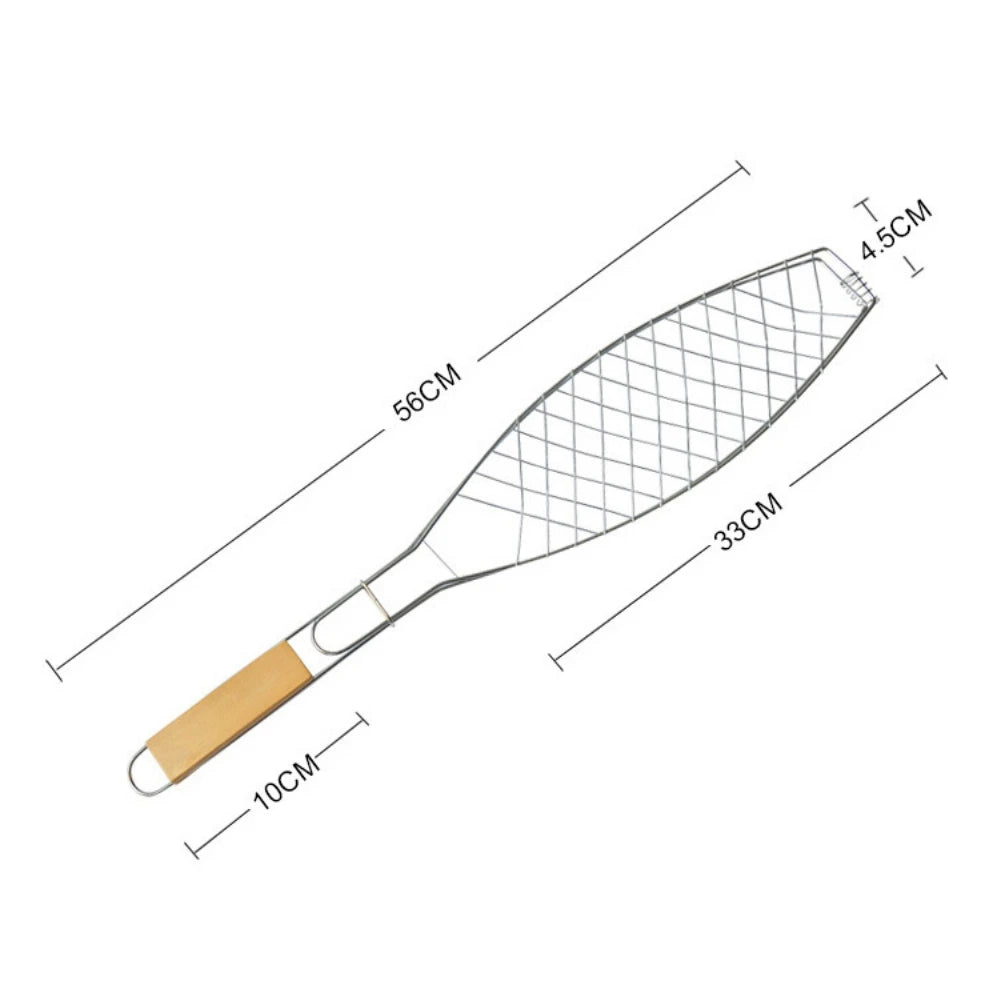 Antihaft-Fisch-Grillkorb 56x12 cm mit klappbarem Holzgriff – flexibel - sicher Grillen