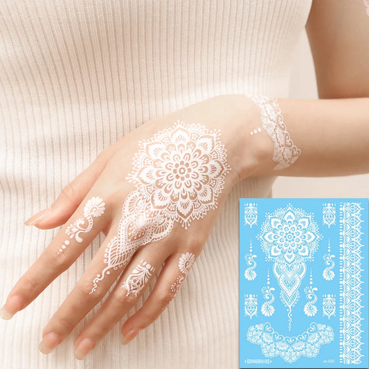 6 Blatt Weiße Henna Tattoos Boho Wassertransfer Körpertattoos Damen
