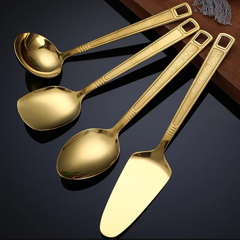 Goldene Edelstahl-Kochutensilien 4-teilig – Spatel, Salatlöffel & Gabel, langlebig, pflegeleicht