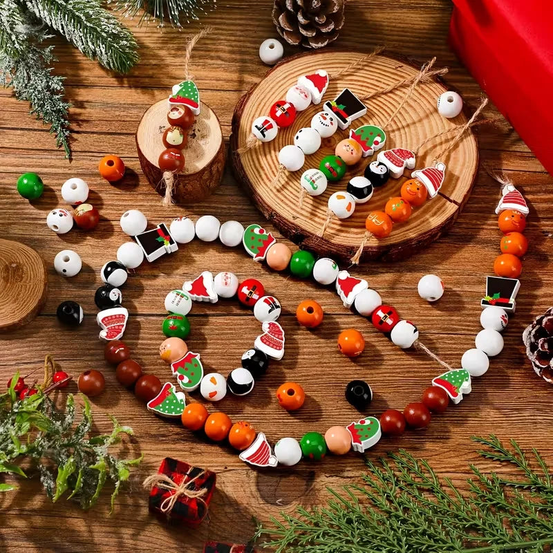 48/80 Stück Weihnachts-Holzperlen-Set mit Santa, Lebkuchenmann und mehr