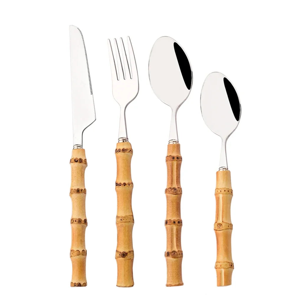 Modernes 4/5-teiliges Besteckset mit schwarzem Bambusgriff und Edelstahl-Design