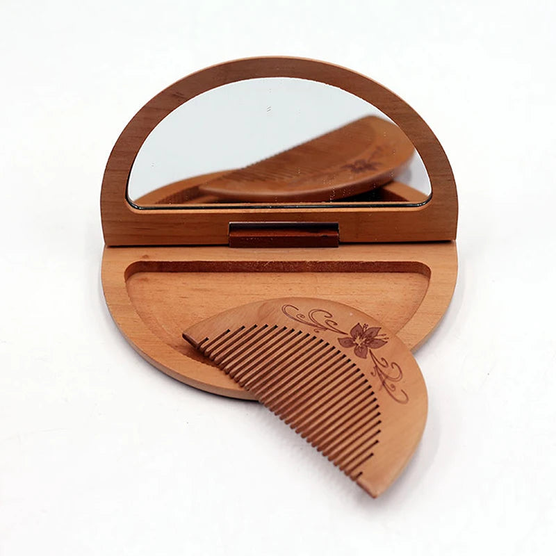 Vintage 2-in-1 Holz Kammspiegel Set für Damen Kompakt