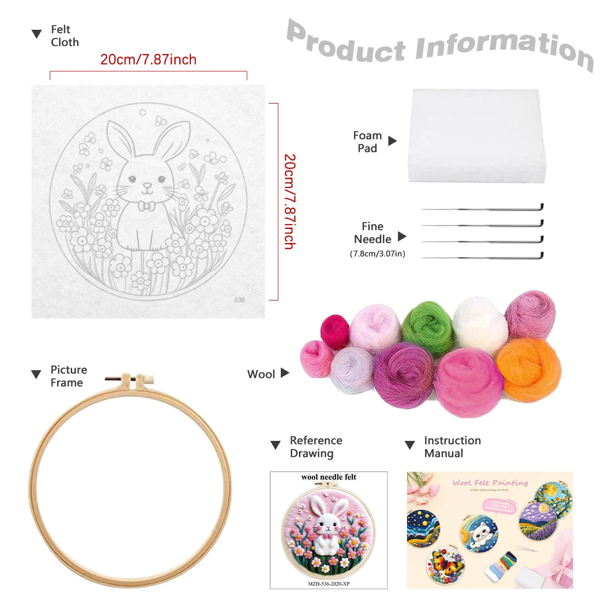 Kreatives Nadel Filz Kit für Anfänger mit Wolle, Nadeln - Filzleinwand 20x20cm