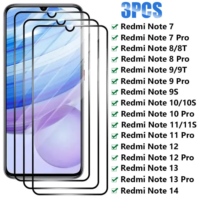 3er Set Displayschutz: Voll gehärtetes Glas für Redmi Note 7-14 Pro 5G