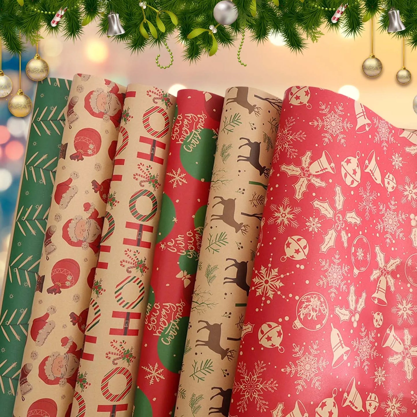 50x75 cm Weihnachts Kraft Geschenkpapier mit Weihnachtsbaum und Weihnachtsmann