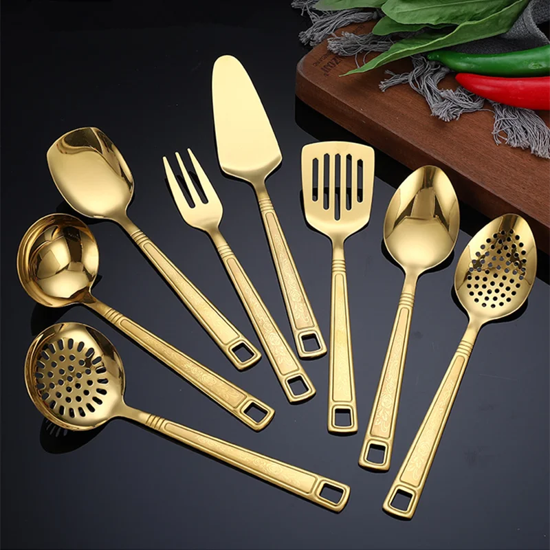 Goldene Edelstahl-Kochutensilien 4-teilig – Spatel, Salatlöffel & Gabel, langlebig, pflegeleicht
