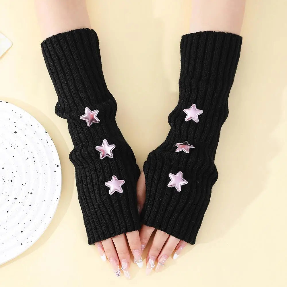 Lange Fingerlose Strickhandschuhe mit Stern Damen 30cm Armstulpen Freizeit
