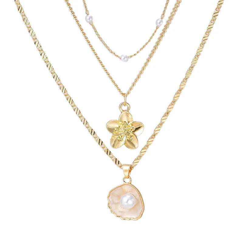 3tlg Goldfarbenes Boho Halsketten Set Muschelperlen Blumen Anhänger