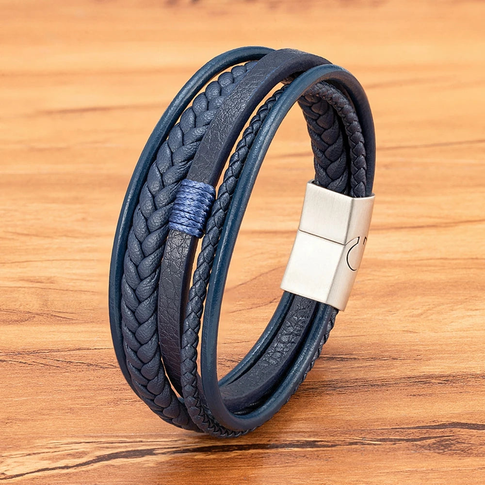 Luxus mehrschichtiges Lederarmband mit Edelstahl Magnetverschluss für Männer