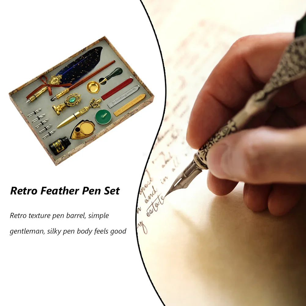 Retro Kalligraphie Set mit Edelstahlfeder - Wachssiegel – Kreativ in Rotwein, Blau, Grün, Grau