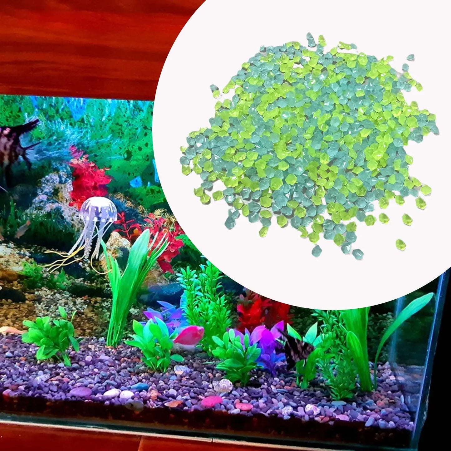 Leuchtender Kies für kreative Dekoration im Garten und Aquarium