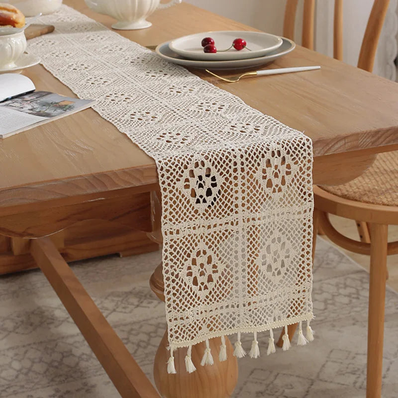 Vintage Beige Tischläufer Häkelspitze Quaste für Couchtisch Hochzeitsdeko