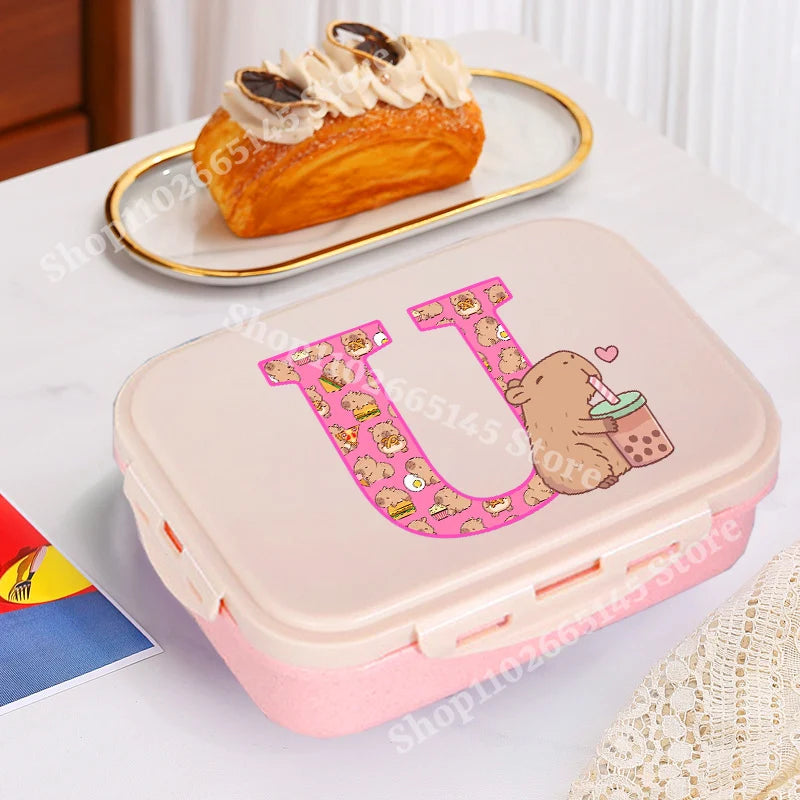 Niedliche Capybara Lunchbox mit A-Z Buchstaben, Single Layer Bento Box