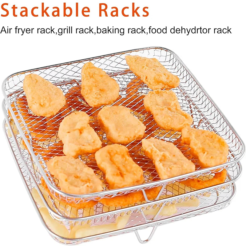 Robuster 3-fach Edelstahl Grillrost für Heißluftfritteusen – Quadratisch