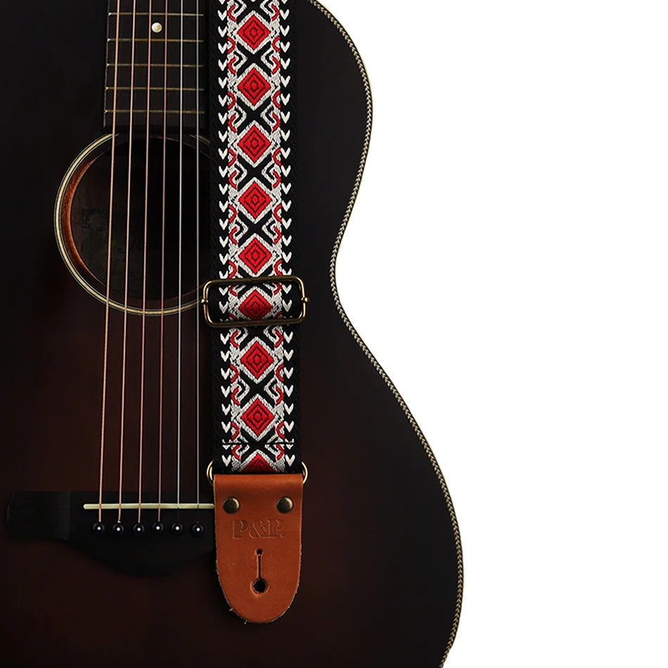 Verstellbarer Gitarrengurt aus bestickter Baumwolle mit Lederende-Yabubest - Home & More