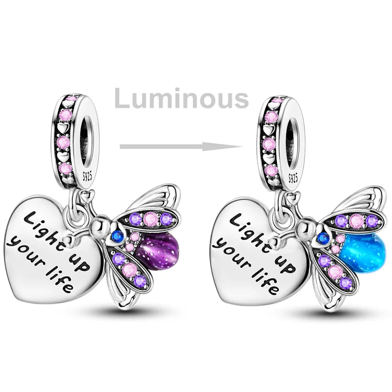 925 Sterling Silber Charm mit rosa Schmetterling - leuchtenden Glühwürmchen