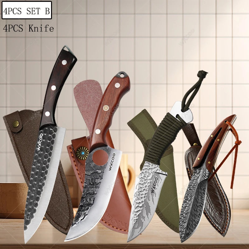 Handgefertigtes Küchenmesser aus Edelstahl mit Holzgriff und magnetischem Messerblock