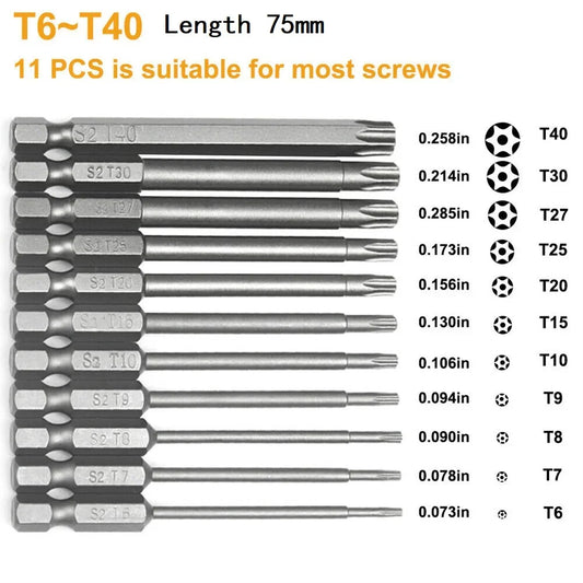 11-teiliges Torx Bit Set 75mm Sicherheit 1/4 Zoll Sechskant Bits Schrauber