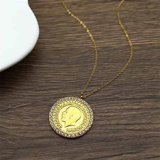 Edelstahl Halskette mit Münzanhänger Rund Goldfarbe Unisex 70cm