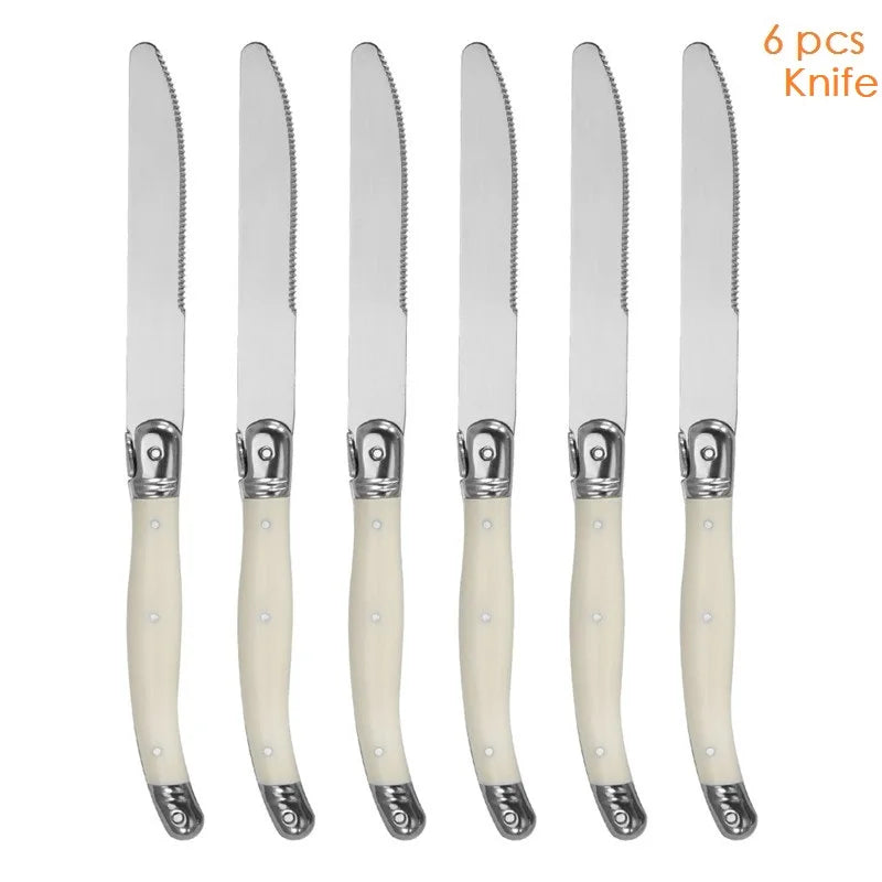 6teiliges Laguiole Besteckset aus Edelstahl mit Steakmessern und Löffeln
