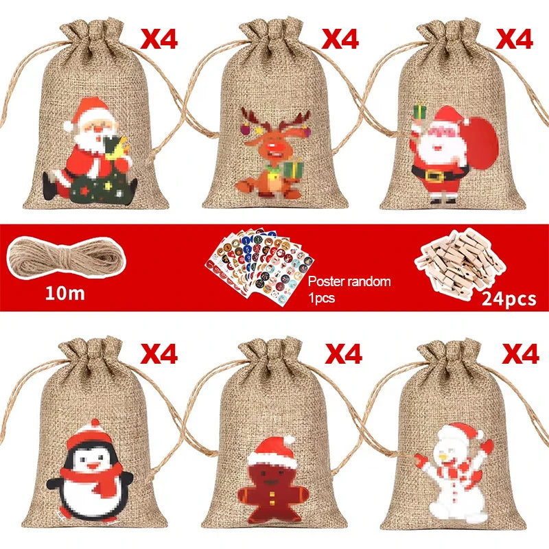 24 Stück Weihnachts-Adventskalender Geschenk Taschen mit DIY Dekor