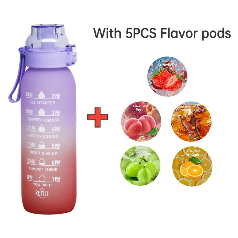 LUSQI 1000ML Geschmackswasser Flasche mit Stroh & 5 Geschmackspods