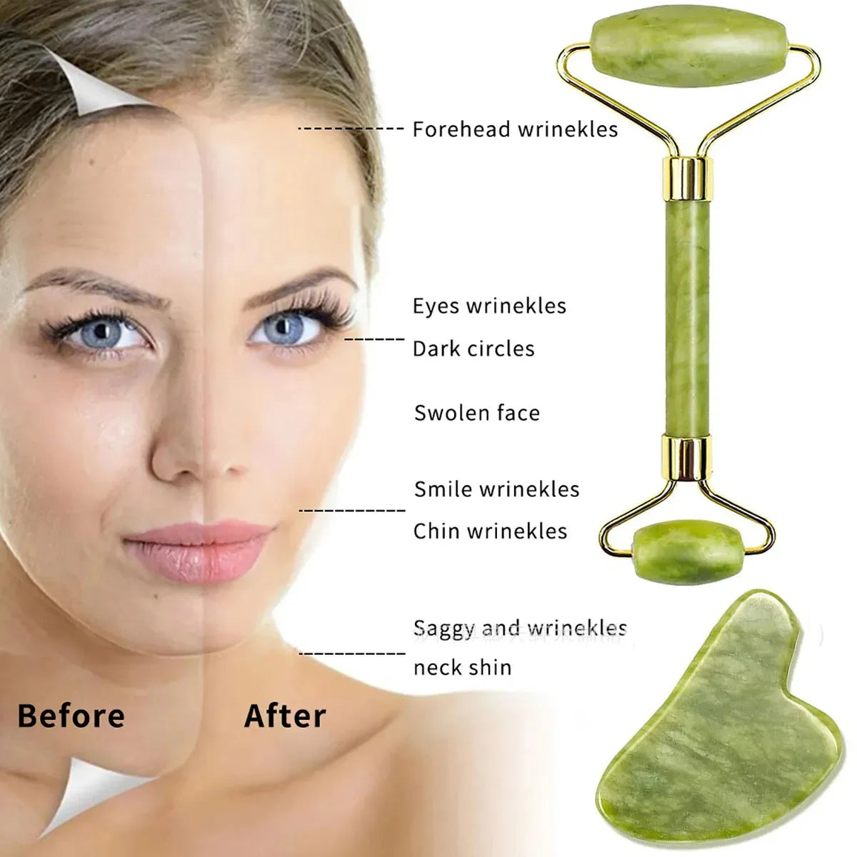 2er Set Gua Sha Gesichtsstein Roller – Jade Massagestein für Hautpflege