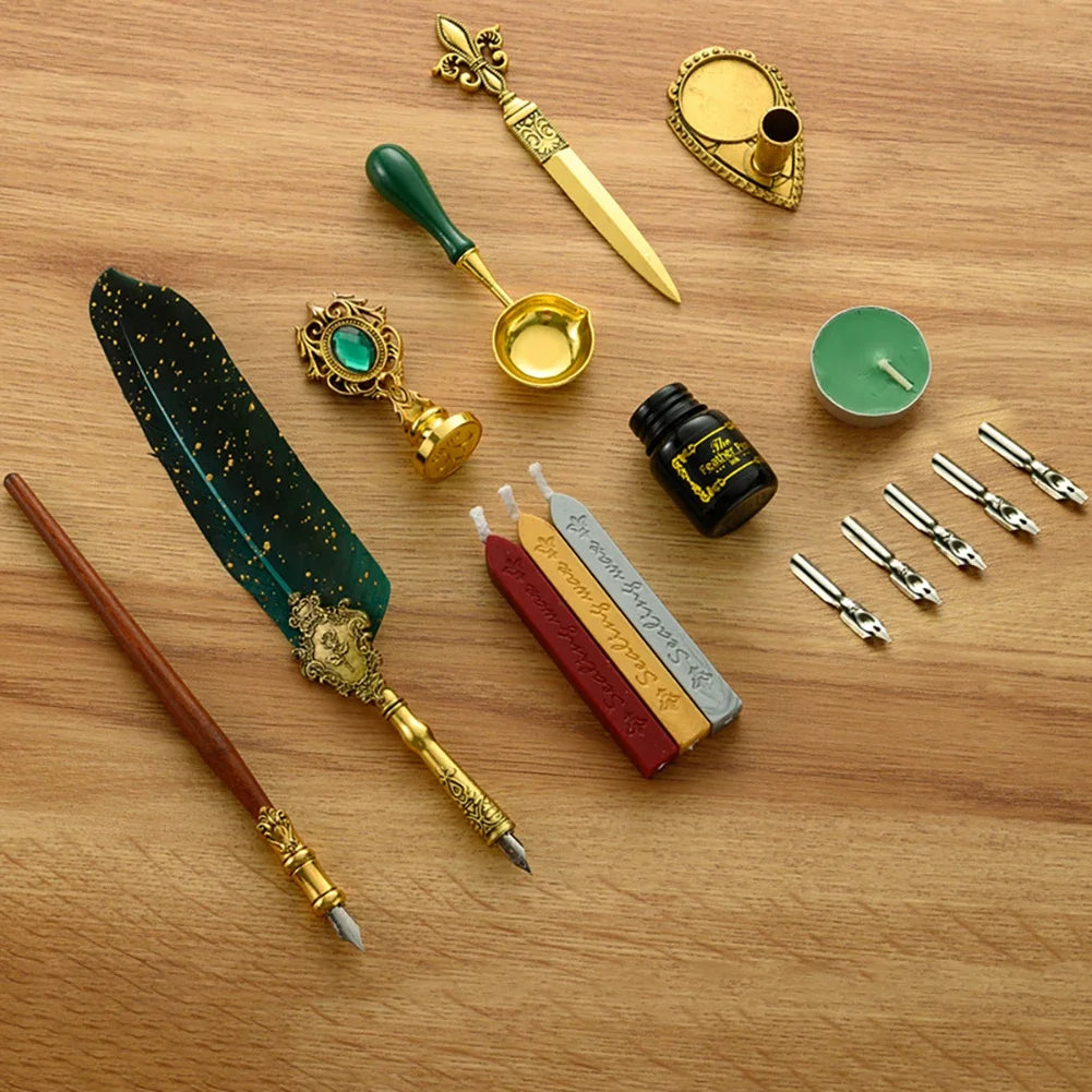 Retro Kalligraphie Set mit Edelstahlfeder - Wachssiegel – Kreativ in Rotwein, Blau, Grün, Grau
