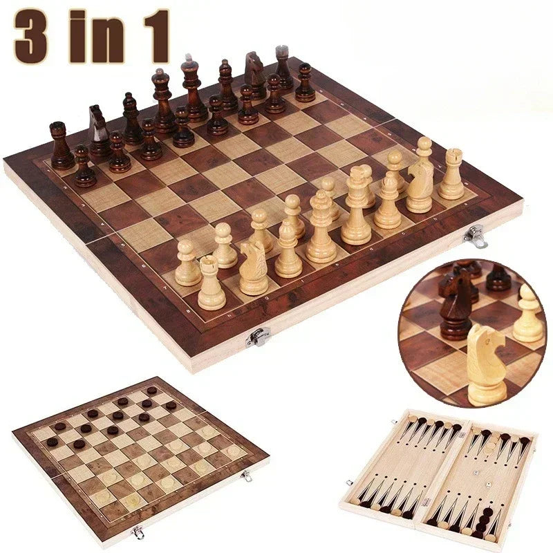 3-in-1 Holz-Spielbrett: Schach, Dame - Backgammon kompakt für unterwegs