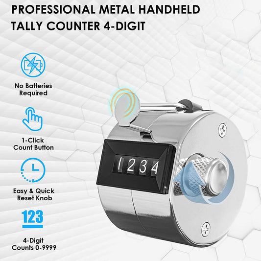Präziser 4-stelliger Metall-Handzählzähler in Silber – Robust - Schnell Zurücksetzen