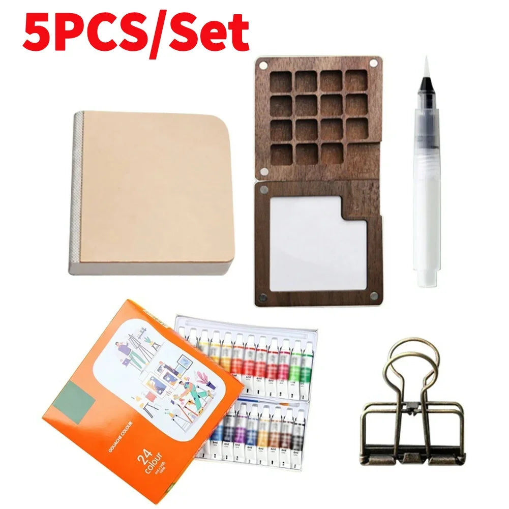 Tragbares Mini Aquarell-Palette Set mit Skizzenbuch und Binder-Clips