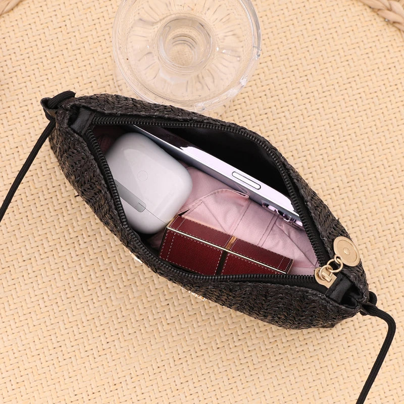 Leichte pastorale Schultertasche aus Stroh für Damen, vielseitig - soft