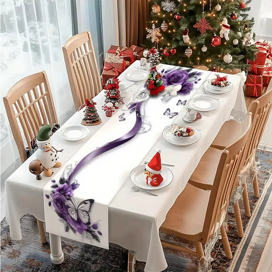 Langer lila Tischläufer mit Rose und Schmetterlingsmotiv für elegante Dekoration