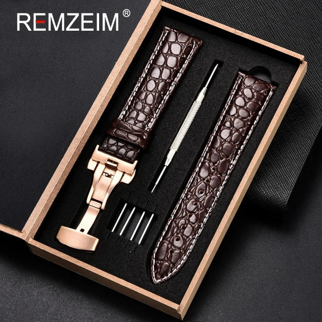 Geprägtes Leder Uhrenarmband 18-24mm mit Schmetterlingsverschluss