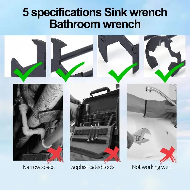 5-in-1 Waschbecken Schlüssel Carbon Stahl Multifunktions Wasserhahn Schlüssel