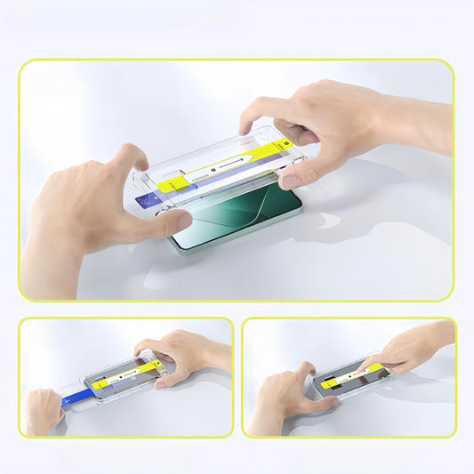Gehärtetes Glas Schutzfolie mit Auto-Installation für Smartphone Display